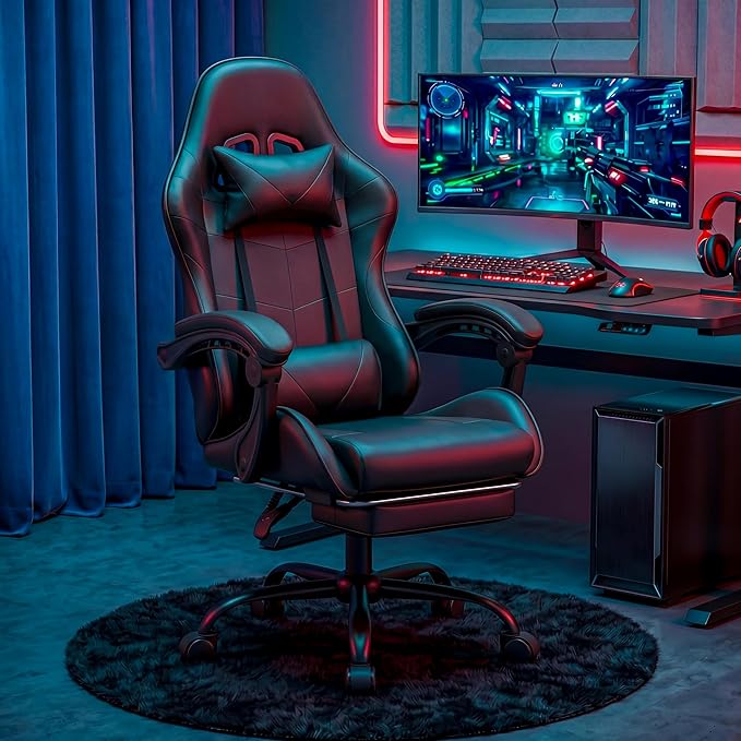 Ergonomic Gaming Chair, Desk Chair with Headrest & Lumbar Support, 90°-150° Reclining Backrest & Footrest, 361° Swivel Height Adjustable Computer Chair, High Back for Adults