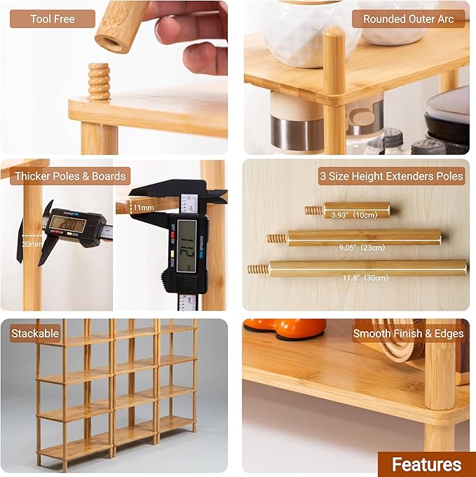 3-Tier Expandable Bamboo Desktop Organizer Shelf Kitchen Cabinet and Counter Riser Display Shelf for Top of Desk Home Office Bathroom Coffee Table Display Stand (1, Natural, 3-Tier)