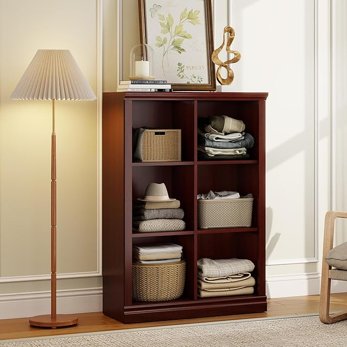 Bevfint 6 Cube Storage Organizer - 3 Tiers 6 Storage Cube Adjustable Space Book Case, Display Cabinet Organizer with Bookcase, 30 inch Width Horizontal Bookshelf for Home Library Office, Mahogany