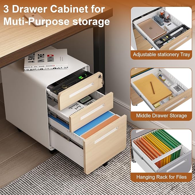 GarveeHome 3 Drawer Mobile File Cabinet with Lock, Under Desk Metal Filing Cabinet for Home Office, Under Desk Storage with 5 Wheels for A4/Letter/Legal Size, Fully Assembled