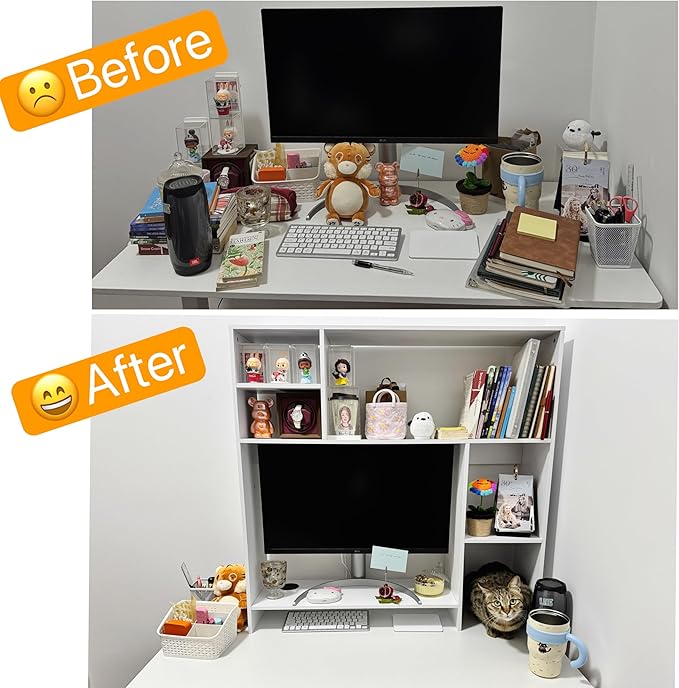 Modern Wooden Desktop Bookshelf Hutch, White Desk Organizer with 7 Shelves for Computer Desk, Vertical Storage for Small Desks, Home Office, Dorm