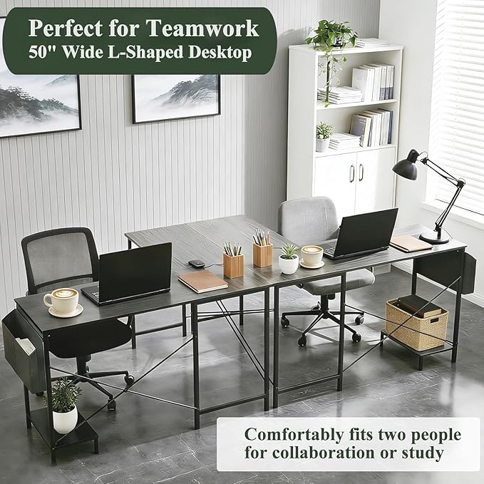 L Shaped Desk, 50 Inch Reversible Computer Desk Corner Gaming Table with CPU Stand & Storage Bag, Sturdy Metal Frame PC Workstation for Home Office, Light Gray Wood