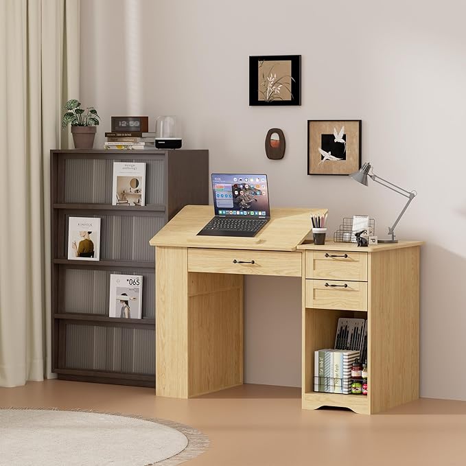 Crafting Table with Storage Cabinet & Drawers, Adjustable Drafting Table with Open Shelves, Drawing Computer Desk, Painting Desk, Workstation for Home Office Reading, Writing, Craftin
