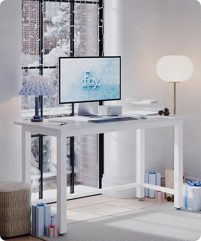 51" Home Office Desk Modern Computer Desk 51.2x23.6x29.5 inches PC Table with Thicken Frame Industrial Style Sturdy Metal Frame Furniture for Writing Gaming Marble White+White