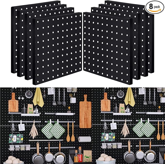 8Pcs Pegboard Wall Organizer Panels Black ABS Pegboard Wall Mount for Home, Craft Room, Garage, Kitchen, Workshop, Tool Organization, 10 * 10in Peg Boards. (No Hooks and Bins).