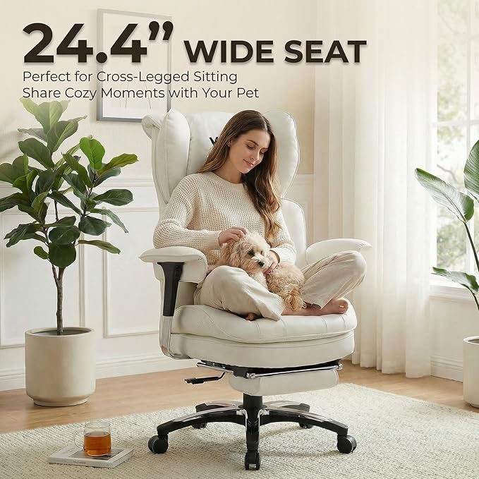 Efomao White Executive Office Chair with Footrest, Big and Tall 400lbs Extra Wide High Back Chair, Plush Pocket Spring Cushion for Home Office, Reclining Desk Chair with Large Padded Armrests