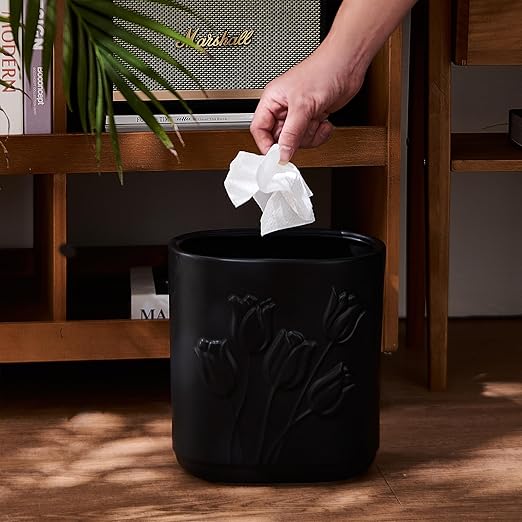 Black Ceramic Tulips Small Bathroom Trash Can 2.6 Gal (10 Liter) - Heavy & Decorative Garbage Bin for Bathroom, Kitchen, Office, Bedroom & Living Room Corner