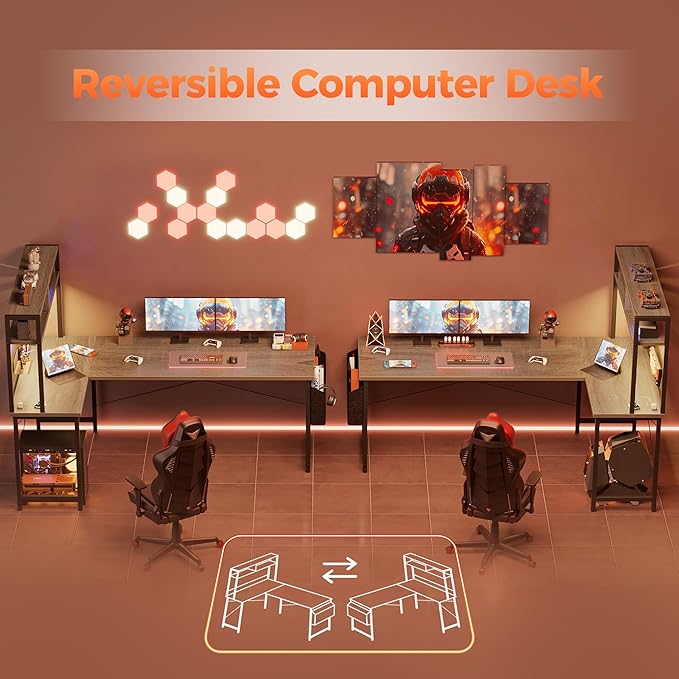 Mericonia 59 inch Large L Shaped Desk with Pegboard Hutch & Shelves, Corner Gaming Desk with Power Outlet, LED Light & Storage Bag, Reversible Computer Desk for Home, Bedroom, Office Workspace, Grey