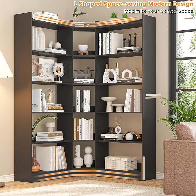 Semoic 6 Tiers Corner Bookshelf and Bookcase with Baffle, 63.1" Tall Modern L-Shaped Storage Display Book Shelf Industrial Bookshelves for Bedroom, Living Room, Kitchen, Home Office, Black
