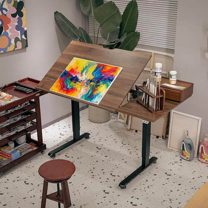 MEEDEN Electric Adjustable Office Table: 31"-52" Height Adjustable Craft Desk- Tiltable Tabletop Sit Standing Home Office Desk-Walnut
