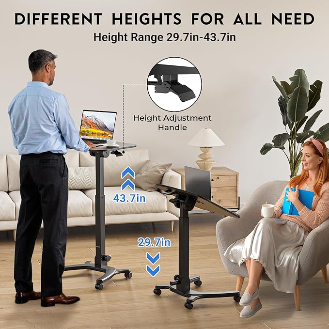 BONTEC Mobile Foldable Standing Desk, Portable Adjustable Height Desk with Gas Spring, Small Rolling Laptop Desk with Wheels for Home, Office, Bedroom, and Medical Use, 25.6" x 19.7" Desktop, Black