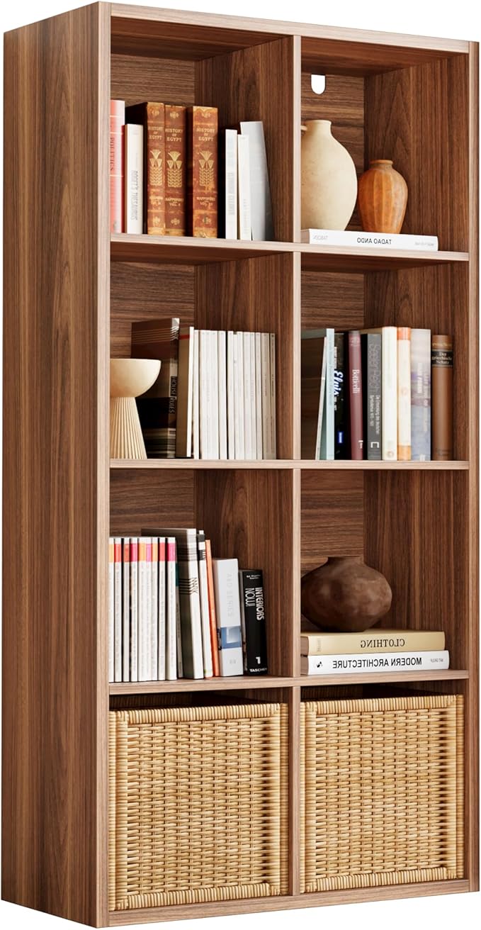 IROCNK Bookshelf, 8-Cube Storage Cube Shelf Organizer, Extra Thick Frame Horizontally & Vertically Reversible Bookcase with Open for Living Room, Bedroom, Home Office, Oak Brown