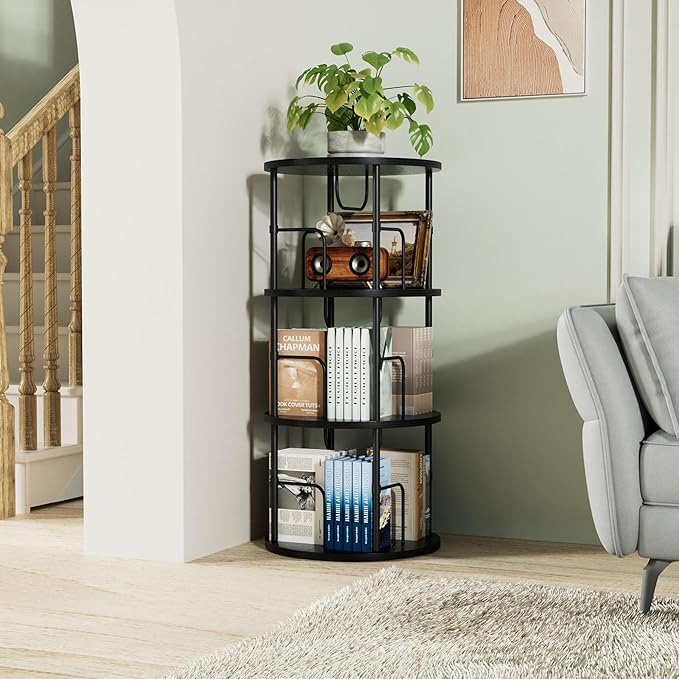 Flycity 3 Tier Rotating Bookshelf, 360° Corner Bookshelf Tower, Round Revolving Bookcase with Special Visible Partition Storage, Narrow Book Shelf Organizer for Living Room, Small Space, Black