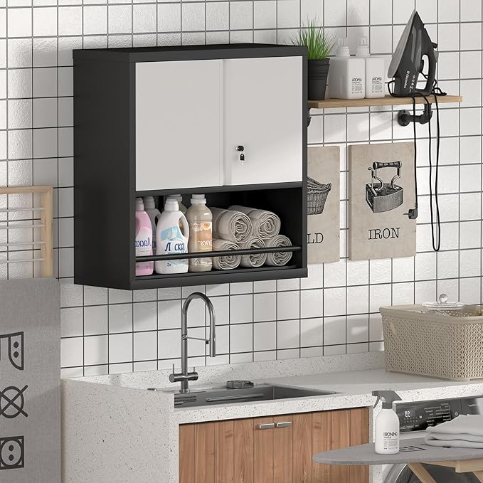 Metal Cabinet Wall Mounted, Garage Storage Cabinet Heavy Duty, Metal Tool Cabinets with Doors and Shelves, Steel Wall Mounted Storage for Basement, Shop