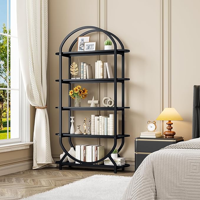 Jehiatek Arched Bookshelf Bookcase, 71 Inches Tall Industrial Book Shelf with Sturdy Metal Frame, E1 Quality Boards, Freestanding Display Shelving Unit, Black