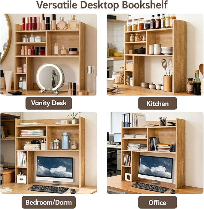 OFCASA Desktop Bookshelf, Countertop Storage Hutch with 7 Shelves for Computer Desk, 35.4'' 3-Tier Display Rack, Multipurpose Wooden Desk Hutch Storage Organizer for Home Office Dorm, Natural