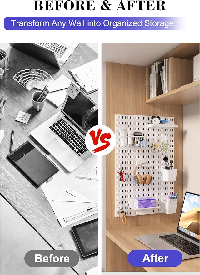 Pegboard Wall Organizer Set – 4 Peg Boards with Hooks & Shelves – Office, Kitchen, Gaming Room Desk Pegboard Storage – Peg Board Wall Display Rack (Black)