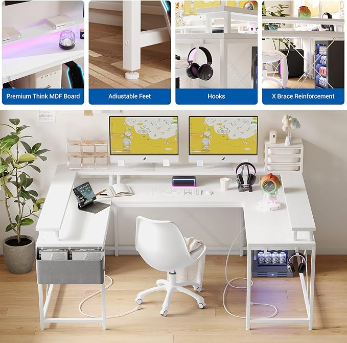 Jojoka U-Shaped Computer Desk with Power Outlets & RGB LED Lights - Reversible l-Shaped Office Desk, Full Monitor Stand, Modern Home Office Workstation, 600lbs Capacity 79",Game Desk, Multiple Colors