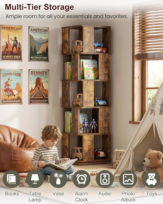 Foxemart 5-Tier Rotating Bookshelf Tower, 360° Spinning Modern Book Storage Bookcase, Stable Display Corner Book Shelf for Kids Room, Living Room, Bedroom, Home Office, Rustic Brown