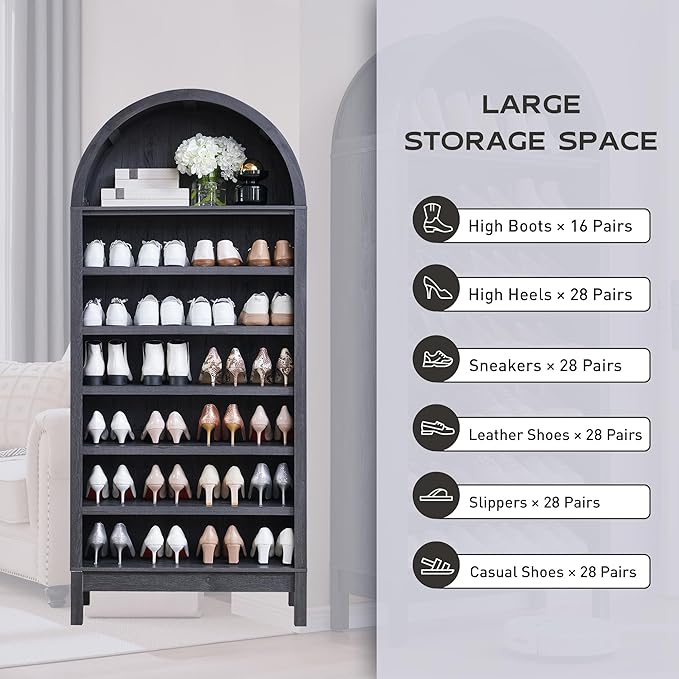 IFGET 71" Tall Arched Bookshelf, 7 Tiers Arch Bookcase with Storage, Modern Farmhouse Book Shelf with Adjustable Shelves, Wood Bookshelf w/Open Display Shelves for Living Room, Office (Dark Grey)