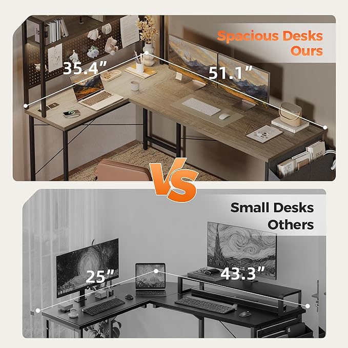 Mericonia 50 inch Large L Shaped Desk with Pegboard Hutch & Shelves, Corner Gaming Desk with Power Outlet, LED Light & Storage Bag, Reversible Computer Desk for Home, Bedroom, Office Workspace, Grey