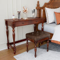 Vintage Wooden Writing Desk Stool Set, Small Secretary Desk and Cushioned Stool Set with 2 Drawers, 39.4" W Wood Writing Table Vanity Makeup Table Sets for Home Office-Cheery&Chestnut Brown