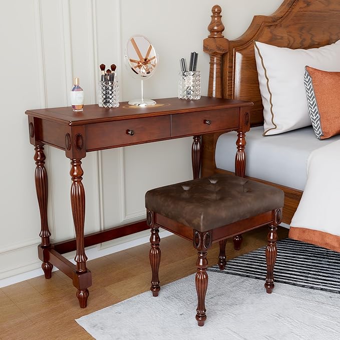 Vintage Wooden Writing Desk Stool Set, Small Secretary Desk and Cushioned Stool Set with 2 Drawers, 39.4" W Wood Writing Table Vanity Makeup Table Sets for Home Office-Cheery&Chestnut Brown