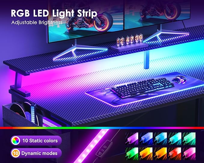 ODK 58 Inch Gaming Desk with USB Charging Ports and LED Lights, Reversible L Shaped Computer Desk with Storage Shelves & Monitor Stand, Corner Gamer Desk Table with Power Outlets, Black
