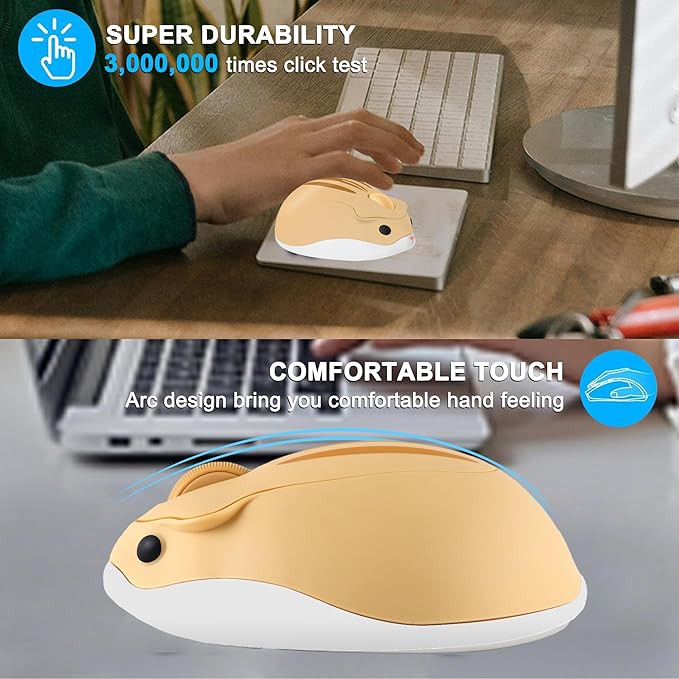 Bluetooth & USB Dual Mode Wireless Mouse,Cute Animal Hamster Shape,Silent Click Portable Compact Lightweight,Yellow Cordless Mice for ipad PC Laptop Computer MacBook Kids Men Women School Office Gift