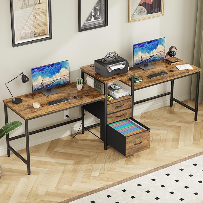 GYIIYUO 93'' 2 Person Desk with Charging Station, Two Person Long Desk with 3 Fabric Drawers and Printer Shelf, Double Computer Desk, Writing Study Table Workstation for Home Office, Rustic Brown