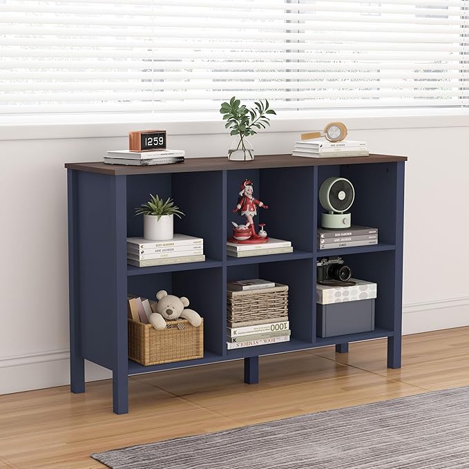 6-Cube Bookcase, Farmhouse Wooden Bookshelf Low Storage Organizer, 45" Horizontal Navy Blue Console with Legs, Hallway Book Case for Entryway, Display Cabinet for Living Room (Navy Blue, 6-Cube)