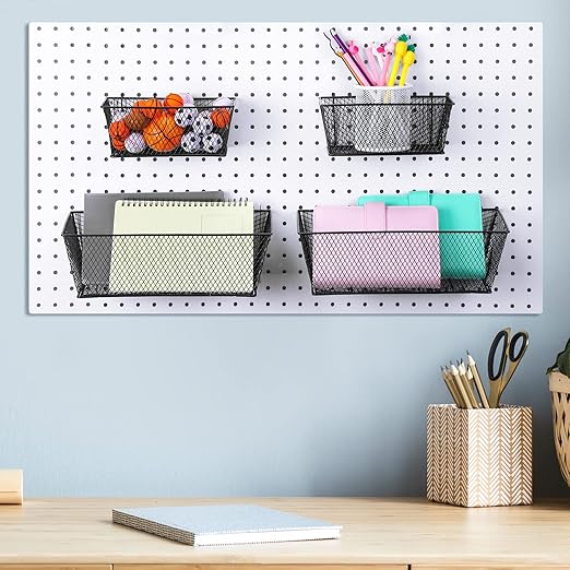 Sieral 4 Pcs Pegboard Baskets Metal Wire Shelf Baskets Peg Board Organizer Accessories Wall Mount Organizer Attachments for Garage Workbench Various Tool Accessories, 2 Sizes (Black,Large)