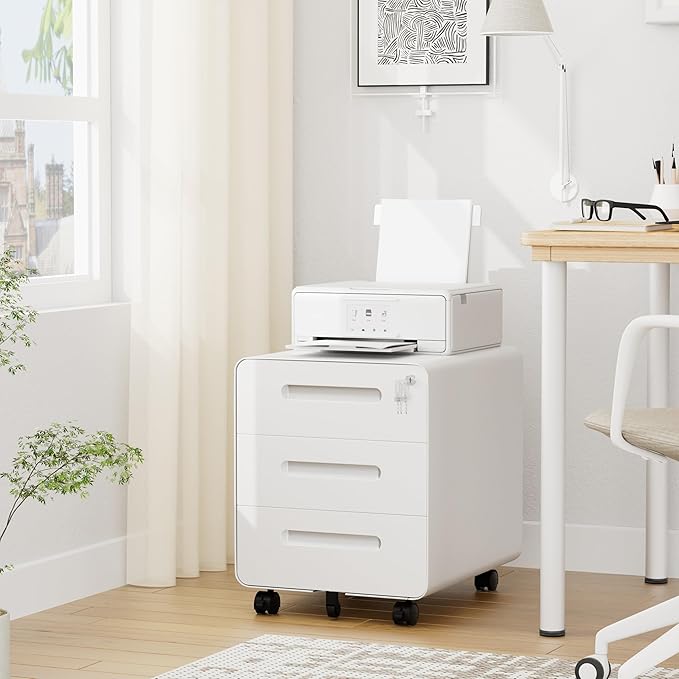 3 Drawer Under Desk Printer Stand with Lock, Mobile Rolling Printer Table for Home Office, Fully Pre-Assembled (Wheels Only to Attach), 4 Keys Included, White