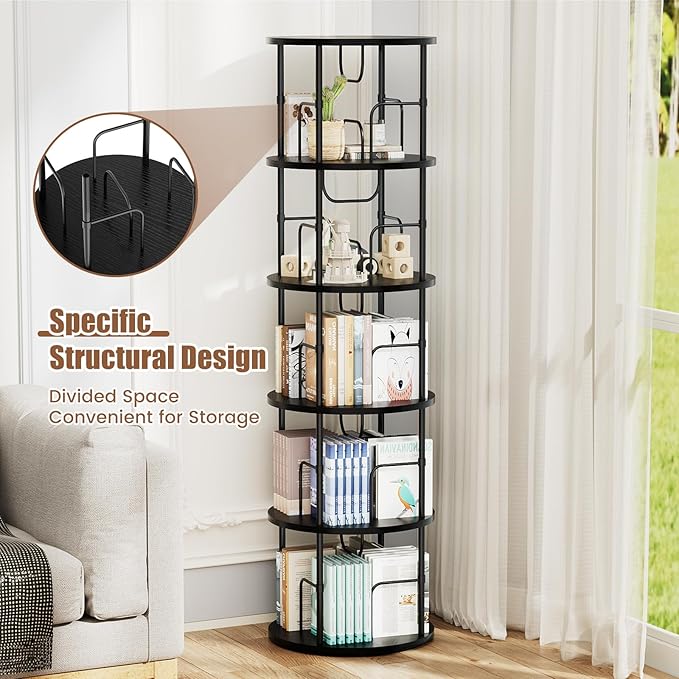 ALLSTAND 5 Tier Rotating Bookshelf, 360 ° Display Stackable Spinning Bookshelf Tower, Corner Bookshelf Tall Floor Standing Swivel Bookcase Narrow Storage Organizer for Bedroom, Living Room, Black