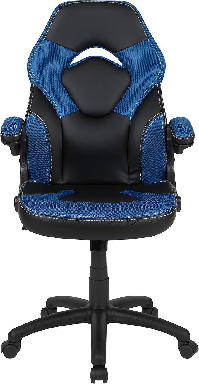 Flash Furniture X10 High-Back LeatherSoft Racing Style Gaming Chair with Flip-Up Arms, Ergonomic Padded Swivel Computer Chair, Blue/Black
