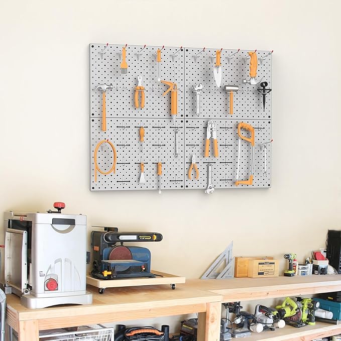 TORACK 4 PCS 12"x16" Metal Pegboard Panels for Garage, Workbench, Shop, Tool Organizer Peg Board with 1/8" & 1/4" Holes, Modular Wall-Mounted Pegboard for Pegboard Hooks (Grey)