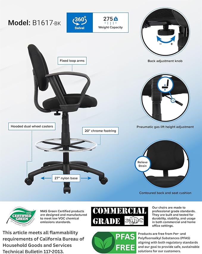 BOWERY HILL Contoured Comfort Drafting Stool, Adjustable Height 26.5"-31.5", Black Tweed Upholstery, Loop Arms, Chrome Footrest, Nylon Base with Casters, Ergonomic Office Chair for Drafting or Studio