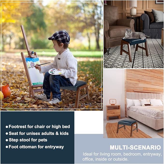 Small Foot Rest Ottoman, 11.8" H PU Leather Rectangle Foot Stool with Non-Skid Wood Legs, Small Foot Step Footstool Sofa Footrest for Couch, Desk, Office, Purplish Blue
