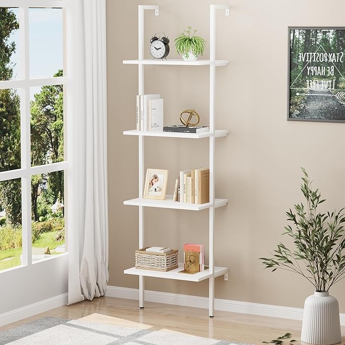 Wolawu Ladder Shelf 4 Tiers Metal Industrial Bookshelf,White Wooden Tall Open Storage Rack and Display Shelves,Wall Mount Wide Bookcase for Home Office Bedroom,Small