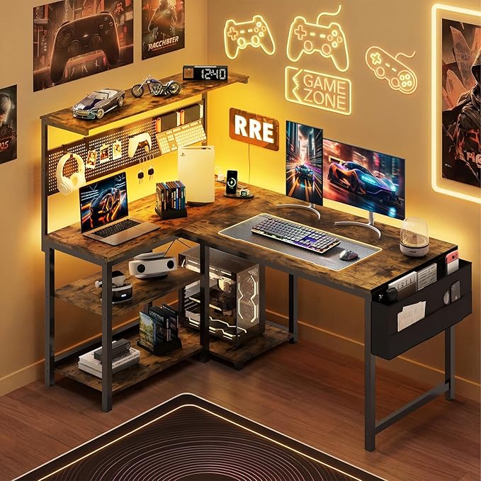 Apicizon L Shaped Desk Gaming Desk with LED Light & Power Outlet, 47 Inch Reversible Computer Desk with Pegboard & Shelf & Storage Bag for Home Office, Rustic Brown