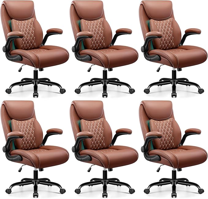 BESTFAIR Office Chair, Ergonomic Computer Desk Chairs with Lumbar Support for Lower Back Pain Relief, Executive Leather Home Chair Comfy with Padded Flip-up Armrests, Brown, 6-Pack
