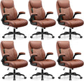 BESTFAIR Office Chair, Ergonomic Computer Desk Chairs with Lumbar Support for Lower Back Pain Relief, Executive Leather Home Chair Comfy with Padded Flip-up Armrests, Brown, 6-Pack