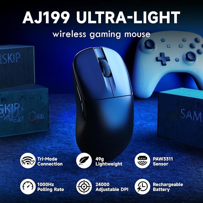 ZIYOU LANG×Magic-Refiner AJ199 Lightweight Wireless Gaming Mouse,Tri-Mode(2.4G/Wired/BT),24K DPI,PAW3311 Optical Sensor,1000Hz Polling Rate,600mAh,49g Ergonomic Mice for Mid-Large Hands-Black