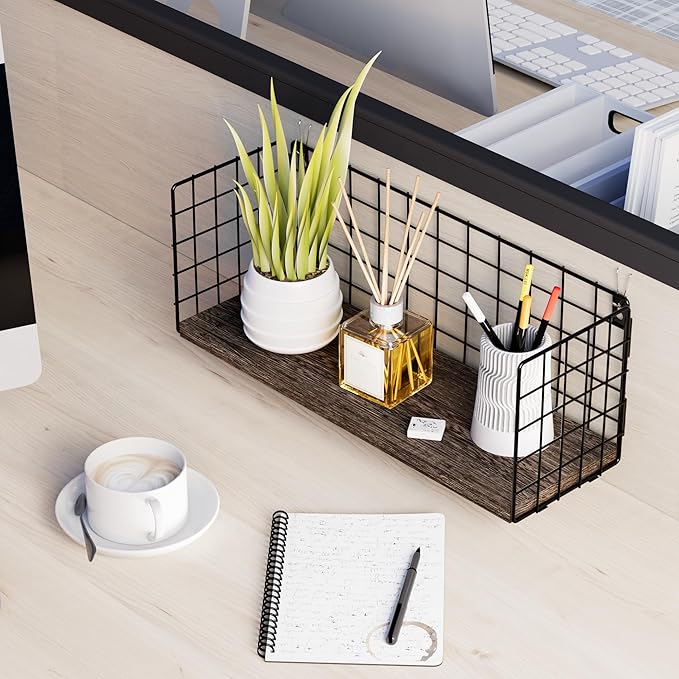 Floating Cubicle Shelf with Hooks, Paulownia Wood Desktop Organizer for Office Cubicle Decor, Desk Shelf for Top of Desk & Cute Cubicle Accessories for Work