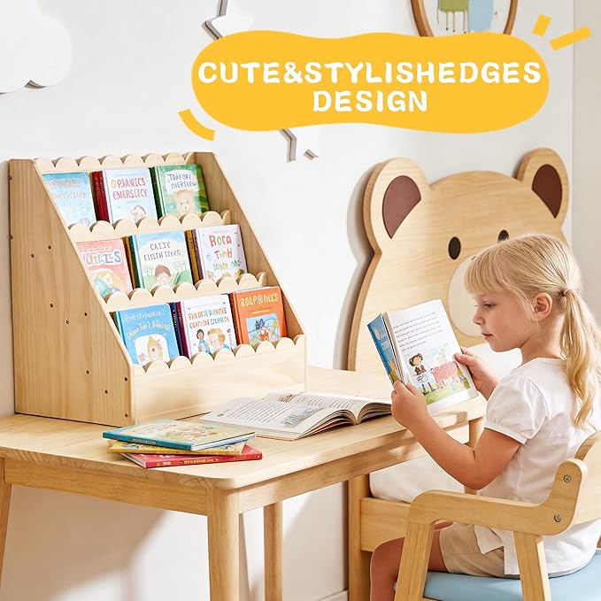 BALAPET Scalloped Book Shelf for Kids, 3-Tier Wooden Bookshelf Perfect Height for 1-5 Years Toddler, Durable Bookcase Book Organizer for Nursery Room(Wooden,23.6 * 16.5 * 10.6in)