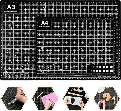 2 Pcs Large Cutting Mat Self Healing,Double Sided,Grid Line And Angles Help To Cut Precisely,Craft Mats for Scrapbooking, Quilting, Sewing and All Arts,Non Slip & Easy Clean ((A3 & A4 Black)