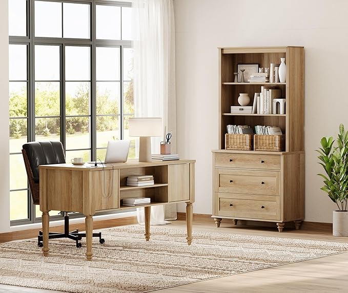WAMPAT Home Office Furniture Set, 56'' Executive Desk with Charging Station, 72" Tall Bookcase with 3 Drawers, Wood Computer Desk with File Cabinet Storage, Open Shelf, Oak
