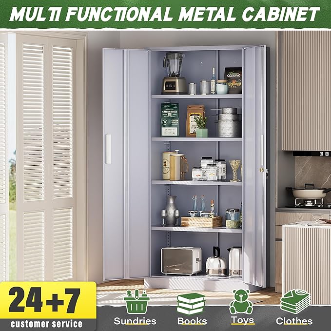 Greenvelly Metal Storage Cabinet,Dark Gray Steel Garage Cabinet with Doors and Adjustable Shelves, Metal Cabinet with Lock,Garage Cabinets and Storage System for Garage,Home Office,School