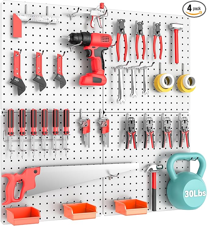 Peg Board, Total 32” x 32”, 68PCS Heavy Duty Metal Pegboard with Hooks, 4 Pack White Peg Board Panels, 50lbs Load Capacity Each, Pegboard Wall Organizer for Garage, Workshop, Craft Rooms