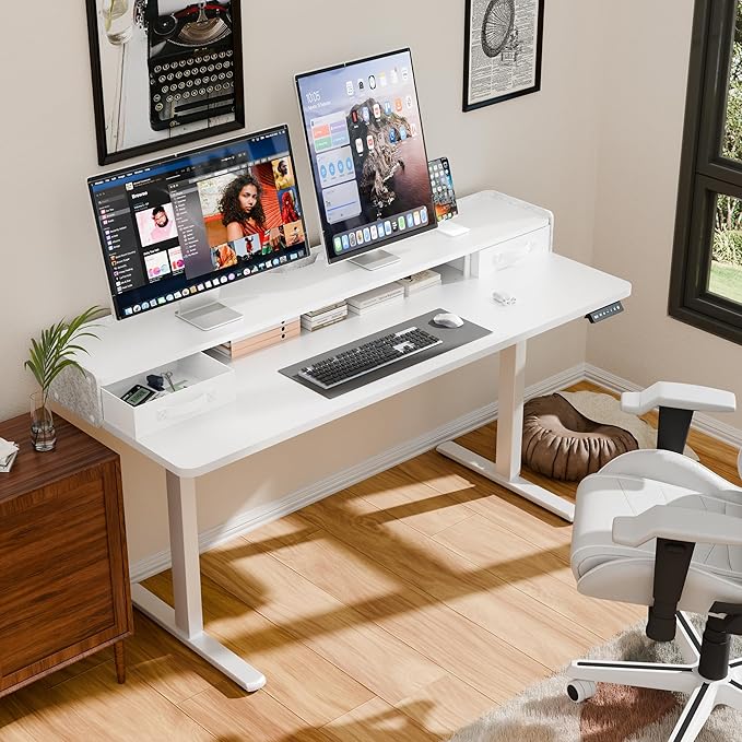 YESHOMY 63" x 23" Electric Standing Desk with 2 Drawers, Height Adjustable Computer Desk, Low Noise Home Office Stand Up Desk with 2 Preset Heights & 2 Hooks, White